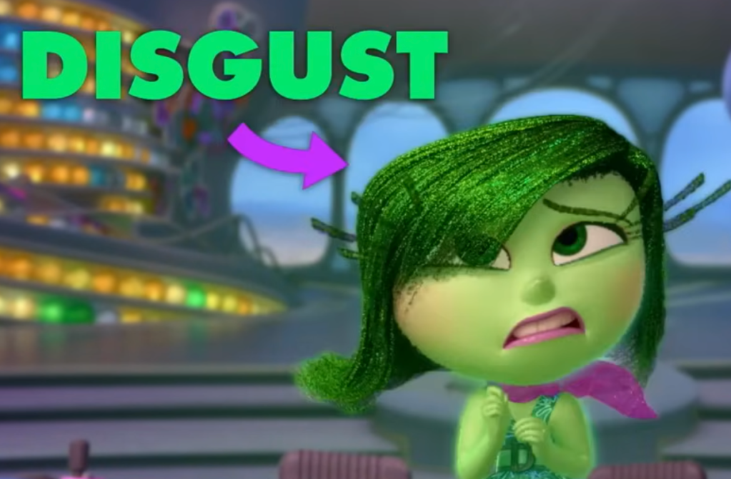 A screengrab image from the Inside Out film, showing an animated character with a disgust face.